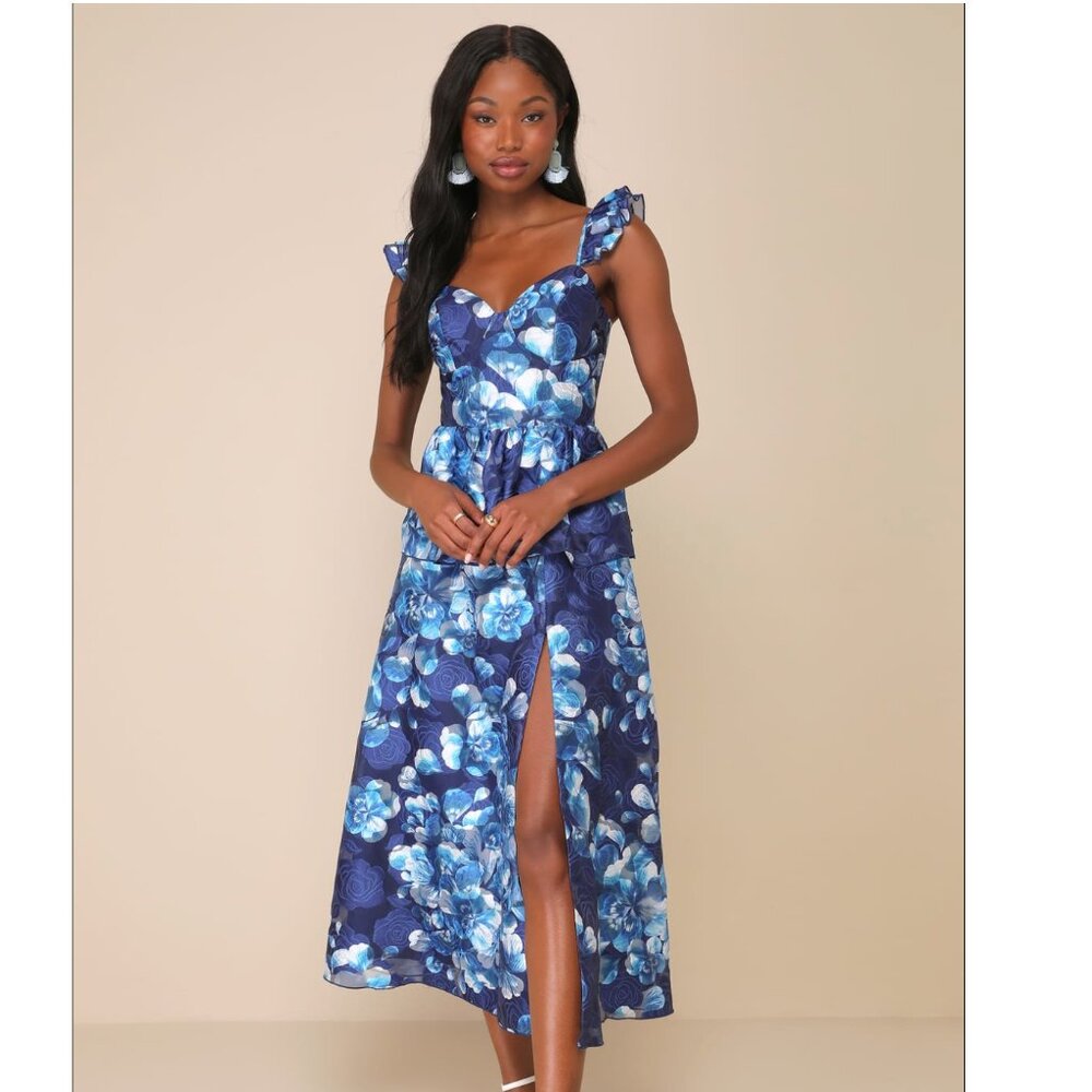 Memorable Poise Blue Floral Ruffled Bustier Midi Dress
